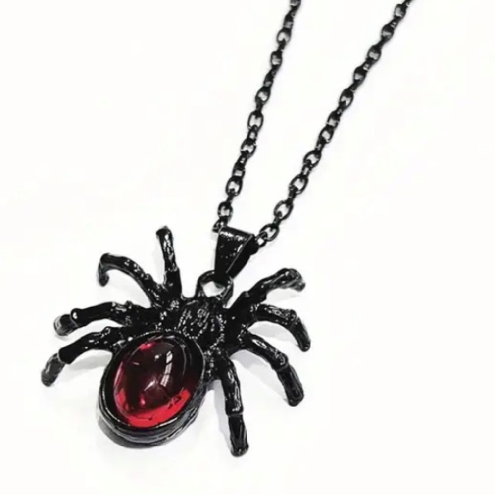 Black and Red Spider Pendant Necklace on 20” black chain Goth Halloween NEW NWT